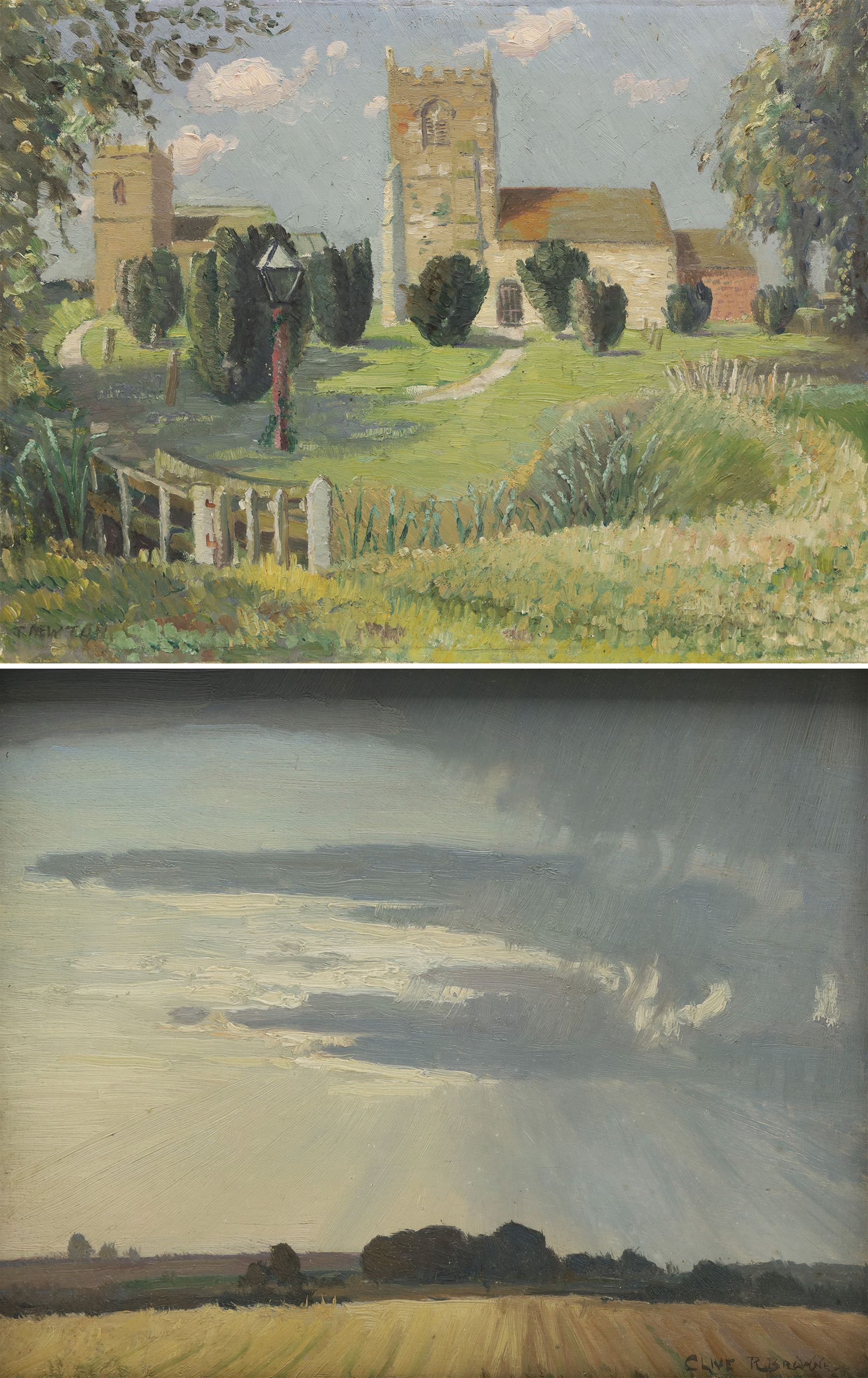 Clive Richard Browne (British 1901-1991): Open Fields Landscape, oil on board signed 21cm x 26cm; Joan Newton (British 19th/20th century): 'The Two Churches - Alvingham' Lincolnshire, oil on canvas signed, titled on label verso 30.5cm x 40.5cm (2) (one unframed)