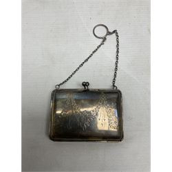 George V silver evening purse, the body of rectangular form with engraved decoration of swags and suspension chain, hallmarked G & C Ltd Birmingham 1918, together with Art Deco black beaded ladies bag (a/f), pair of hallmarked silver cufflinks, hallmarked silver bow brooch, 19th century portable inkwell, Victorian padlock stamped with the crown VR, etc