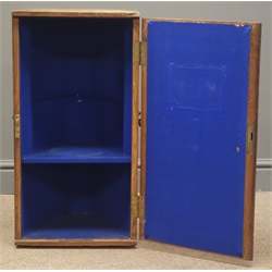  Edwardian oak trophy cabinet, fine dovetail joints, single door enclosing fitted blue velvet interior, brass plaque 'Hunt & Roskell late Storr & Mortimer', H65cm x W34cm x D29cm   