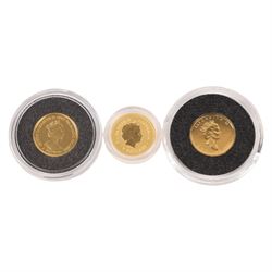 Three Queen Elizabeth II fine gold coins, comprising Australia 2001 'Kangaroo Nugget' one twentieth ounce five dollar, Falkland Islands 1997 'Henry VIII' one twenty-fifth ounce two pound, and Canada 2001 'Maple Leaf' one twentieth ounce one dollar, with certificates