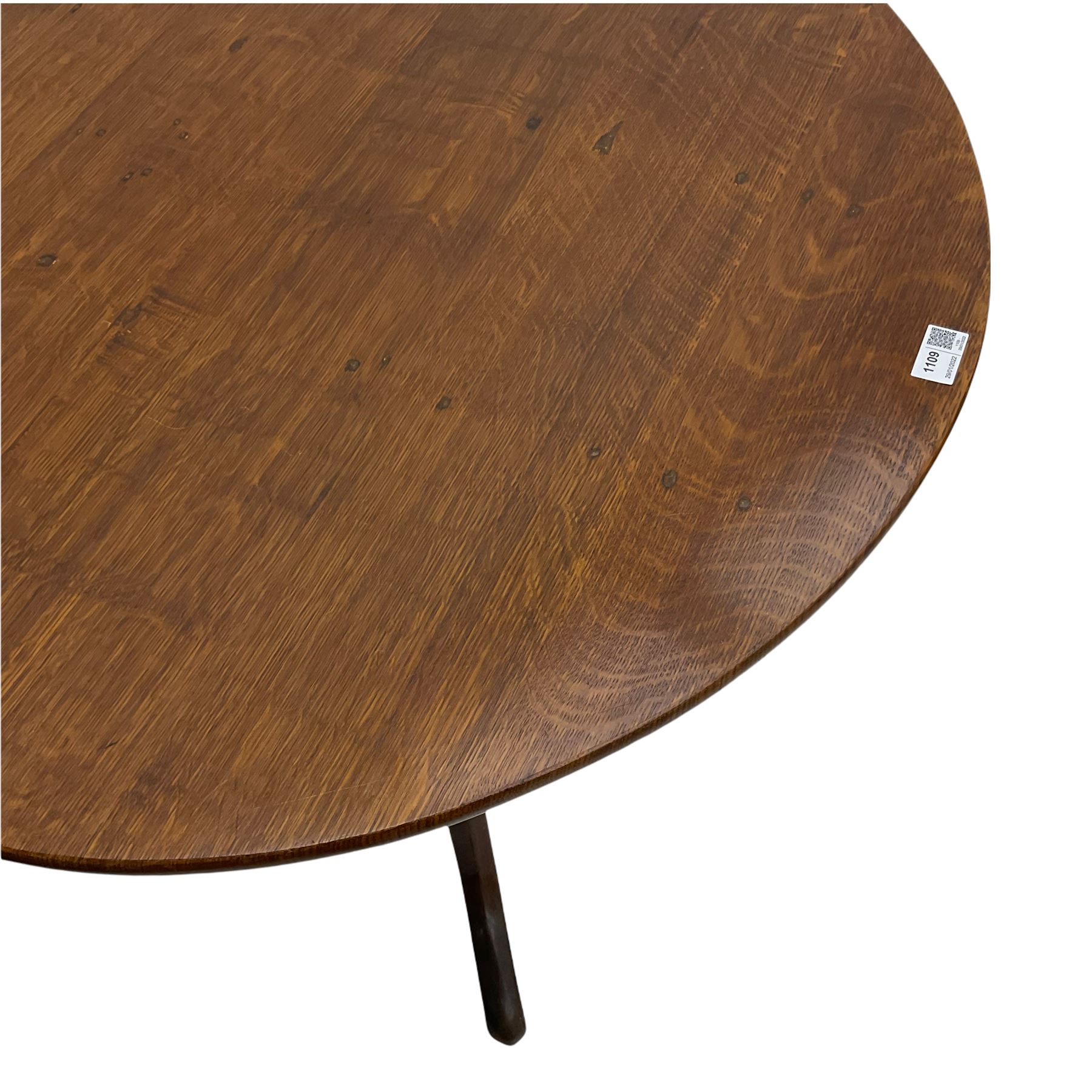 19th century oak pedestal table, circular snap top, tripod base