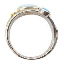 Silver 14ct gold wire round and pear shaped opal openwork ring, stamped 925 