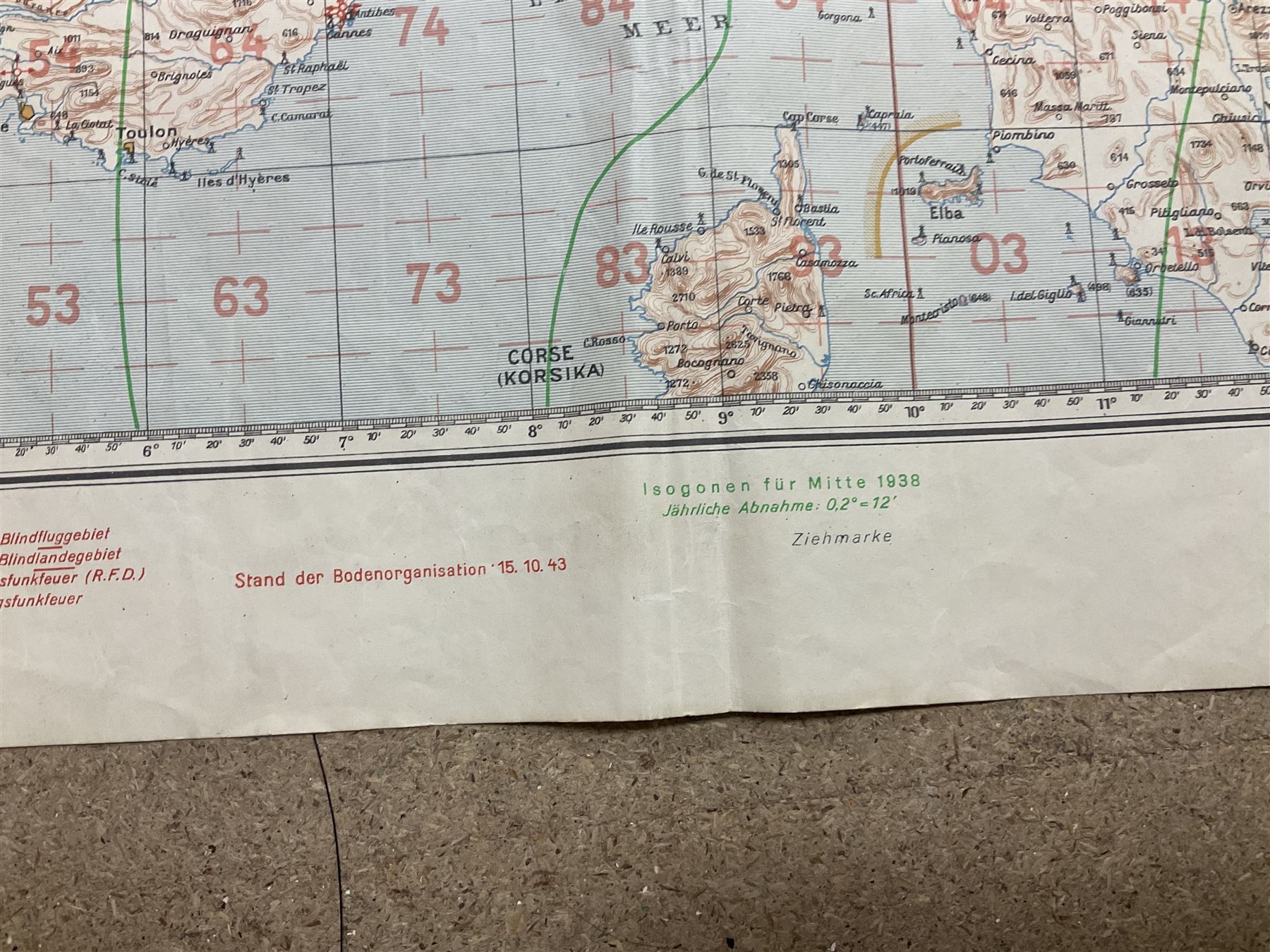 WWII German navigation map, Luft-Navigationskarte in Merkatorprojektion, of England, France, Netherlands, Denmark, H110cm, W74cm 