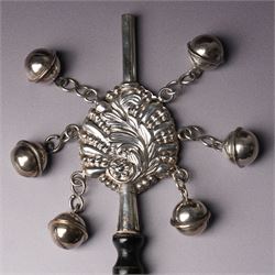 Sterling silver babies rattle with embossed design hung with six bells, whistle and turned wood handle L16.5cm