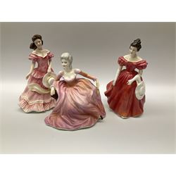 A group of eight Royal Doulton figures, comprising Simone HN2378, Amy HN3854, Fragrance HN2334, Louise HN3207, Adrienne H2304, Michele HN2234, Fine Lady HN2193, Winsome HN2220 and a Coalport figure, Polly. 