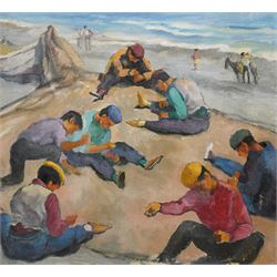 Beryl Newman (Trist) (1906-1991): 'Mending the Nets - Costa Del Sol Spain', oil on canvas signed, inscribed verso 51cm x 56cm (unframed)
