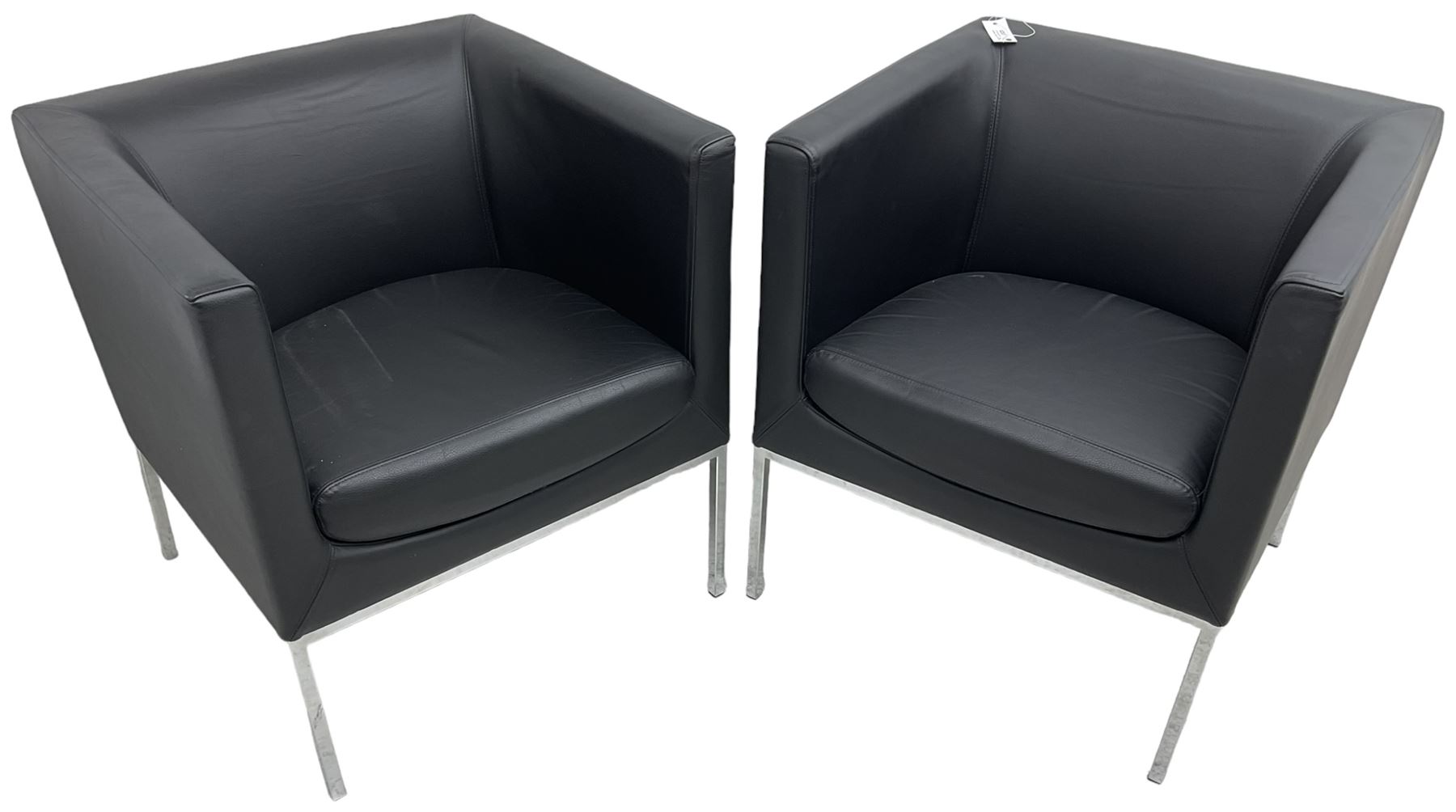 Orangebox - pair of contemporary 'Drift' tub armchairs, upholstered in blakc faux leather, on chrome supports