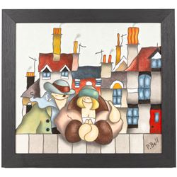 Peter Bell (Hull Contemporary): Couple Leaning Over Garden Fence, oil on canvas board signed 32cm x 35.5cm