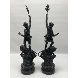 Pair of spelter figures, Le Force and Le Pouvoir, modeled as figures standing on lions, arms held aloft, H51cm 