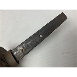 Good quality Japanese sword blade with later WWII fittings and scabbard  - 67.5cm slightly curving blade with unmarked tang, plain iron tsuba and lacquered grip with copper mounts; in lacquered wooden scabbard with tape bound tip L94cm overall