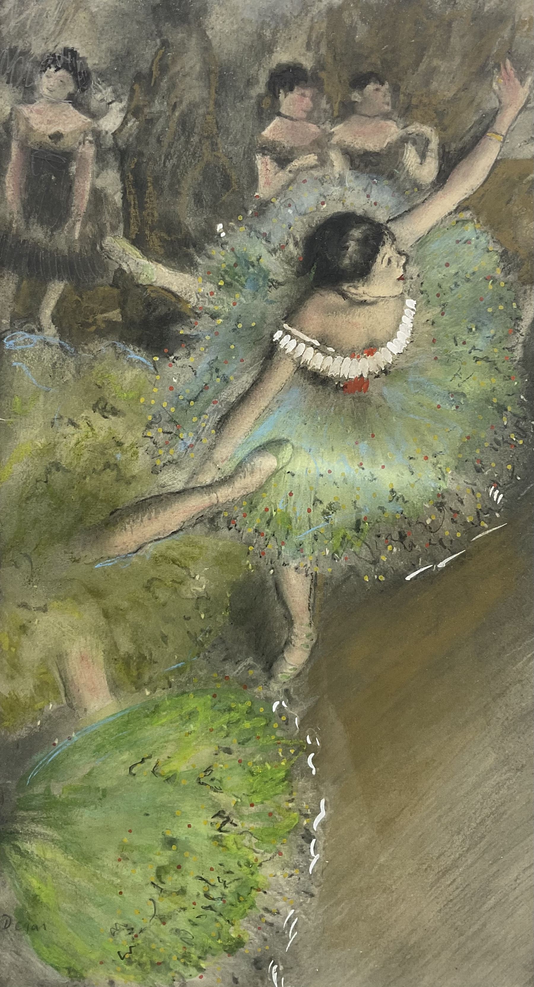 After Edgar Degas (French 1834-1917): Ballerinas in Green Dresses, pastel bearing signature 34cm x 19cm 