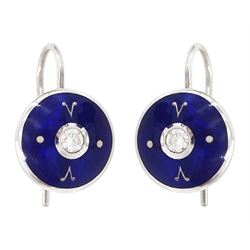 Victor Mayer for Faberge pair of 18ct white gold round brilliant cut diamond and blue enam...