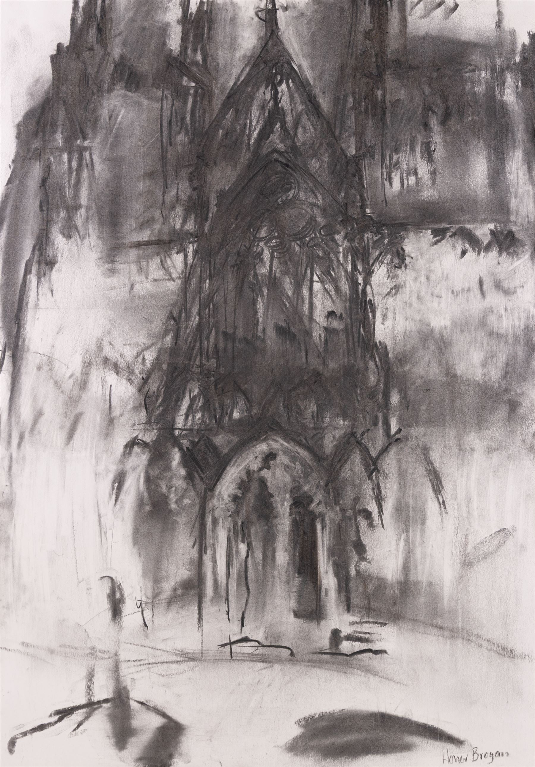 Honor Brogan (British Contemporary): 'Lichfield Cathedral - West Front', charcoal signed, titled and dated 2001 on exhibition label verso 83cm x 58cm