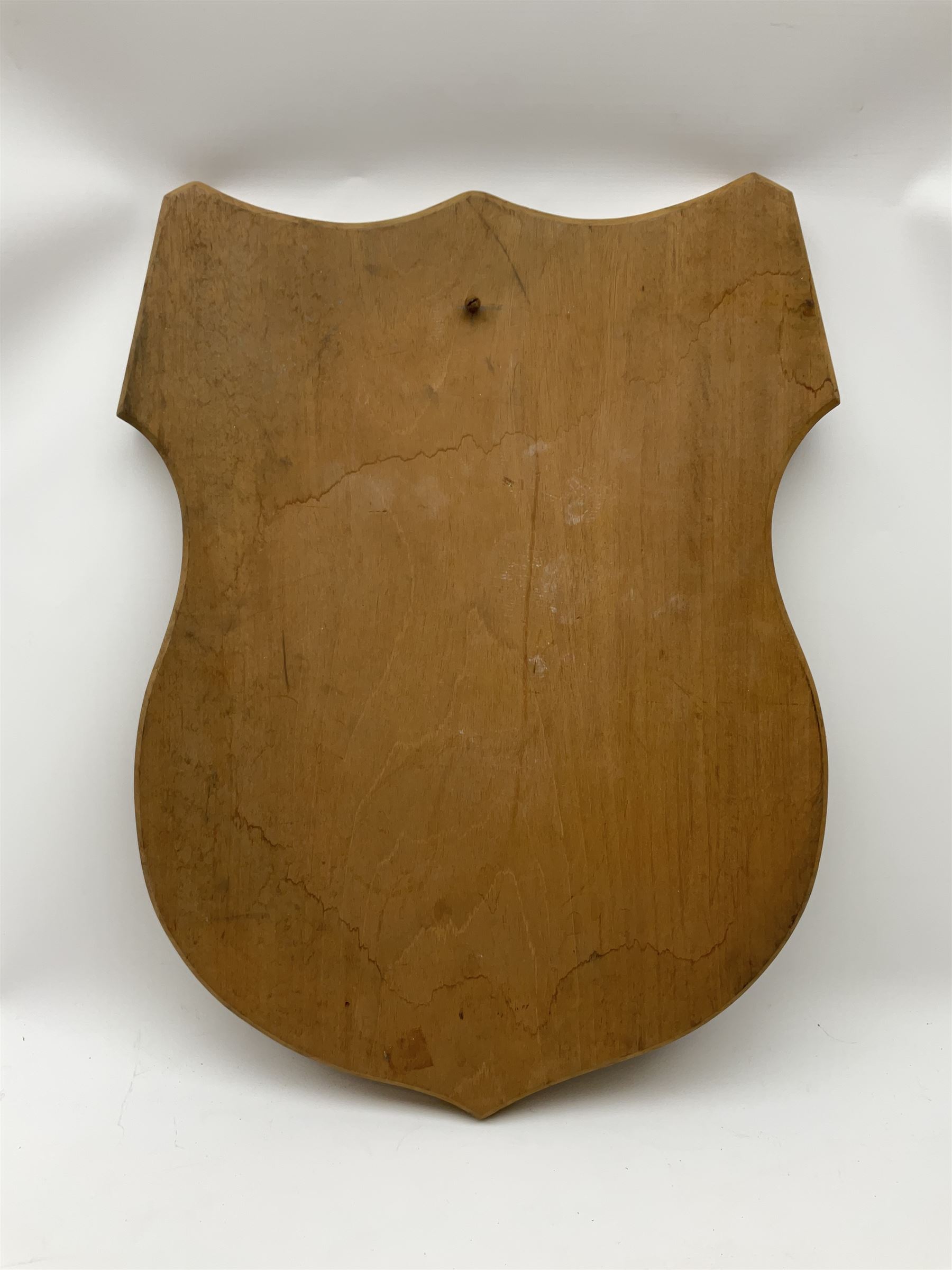 Five wooden shield plaques for mounting taxidermy of various sizes, largest H67cm, D51cm. 