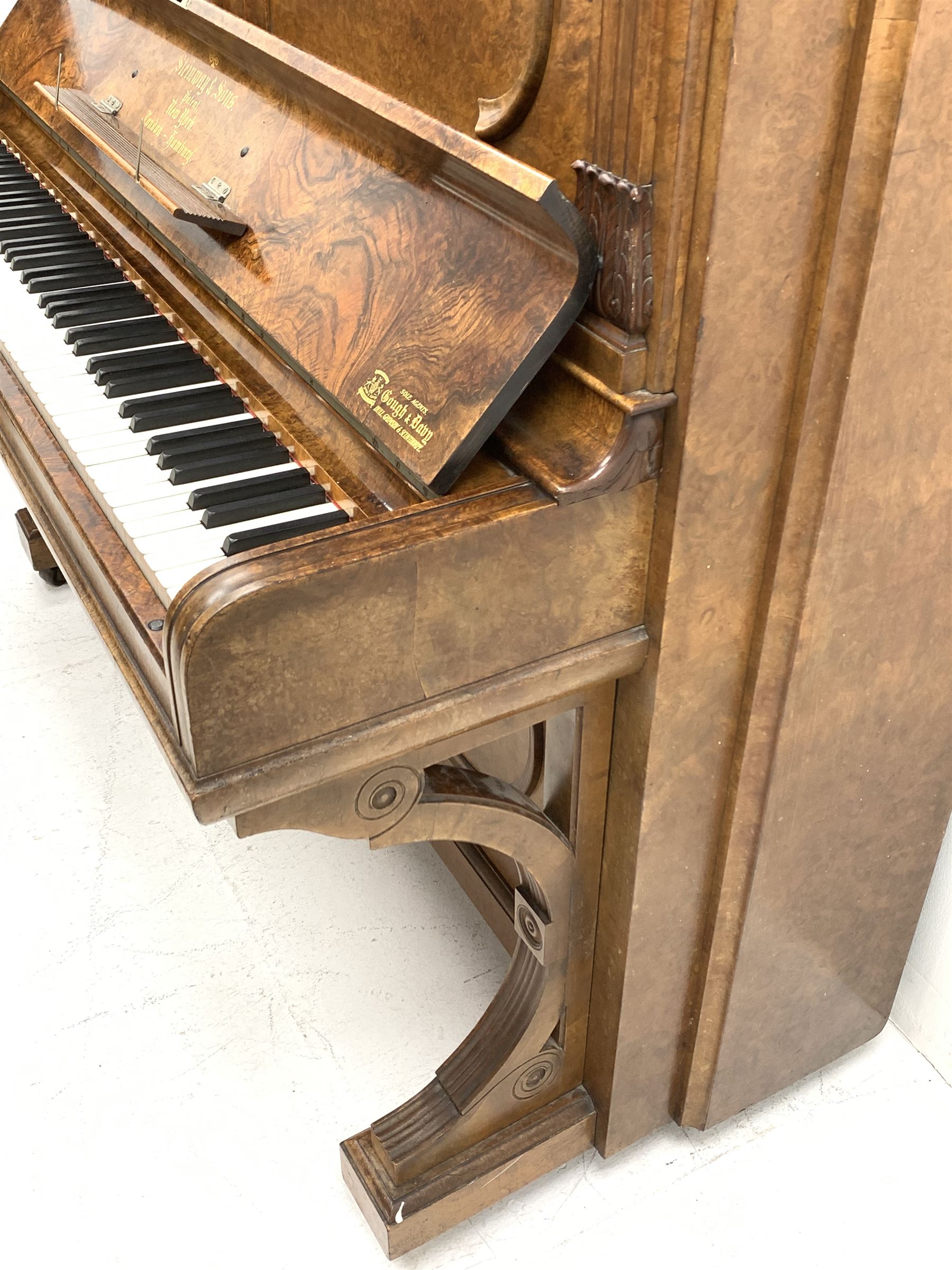 Steinway & Sons - late 19th century figured walnut upright piano, iron framed and overstrung, model no. 56174 circa. 1886, W154cm, H137cm, D70cm, together with a quantity of sheet music
