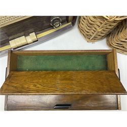 Early 20th century burr walnut tea caddy, Art Deco wooden box, wicker basket with bottle holders and a 1950s Stella radiogram