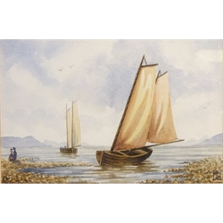 Fishing Boats in Stormy Weather, 19th century watercolour indistinctly signed J Heety? and dated '69, Fishing Boat at Sea, watercolour signed by Ken Perry, and two other watercolours max 33cm x 45cm (4)  
