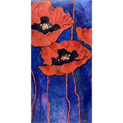 Ann Lamb (British 1955-): 'Poppies Popping', mixed media on canvas signed 60cm x 30cm