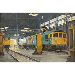 Don Micklethwaite (British 1936-): 'Eastleigh Locomotive Engine Works', oil on canvas board signed 41cm x 60cm