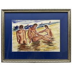 Sergie Luppov (Russian 1893-1977): Three Nude Women at the Beach, watercolour signed and dated '20, 30cm x 45cm
