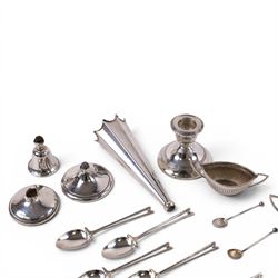 Group of silver, including salts, spoons, candlestick and oddments, all hallmarked