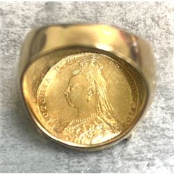 Queen Victoria 1887 gold full sovereign coin, Melbourne mint, in 9ct gold ring mount, hallmarked