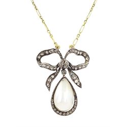 French early 20th century gold and silver pearl and diamond bow pendant, pear shaped blist...