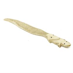 Carved bone model of a snake eating a lizard L12cm, 19th century papier mache snuff box, formerly the property of Colonel May and a travelling inkwell in the form of a barrel