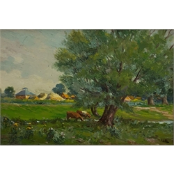 Ernest Cox (British exh.1909-1938): Cattle 'In Wilford' Nottingham, oil on board signed, titled verso 26cm x 39cm