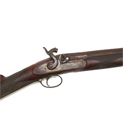 19th century Higham single barrel percussion shotgun, muzzle loader, walnut stock with chequered grip and engraved steel fittings, the 81cm (30