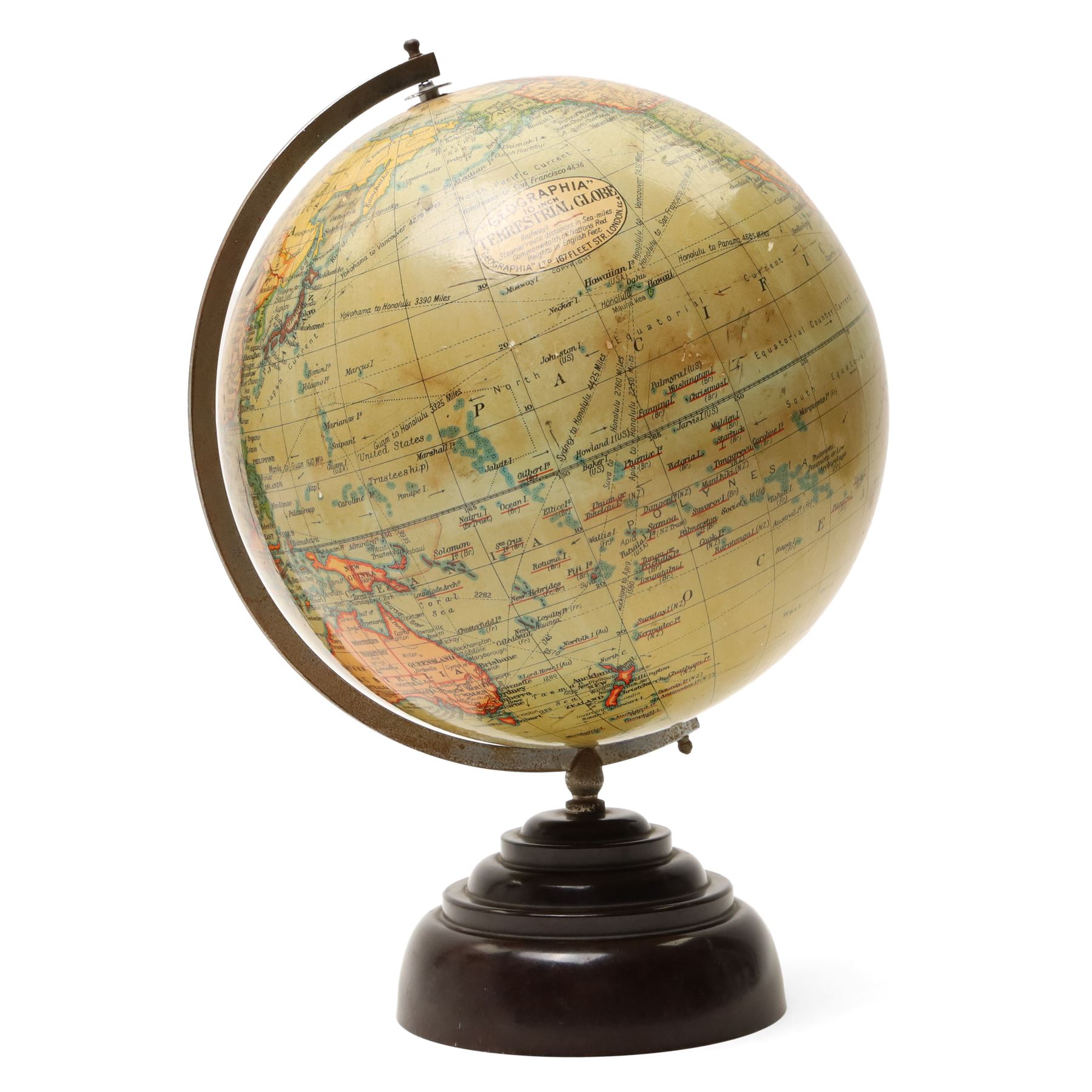  10 inch Terrestrial Globe by Geographia, 167 Fleet Street, London on stepped bakelite base