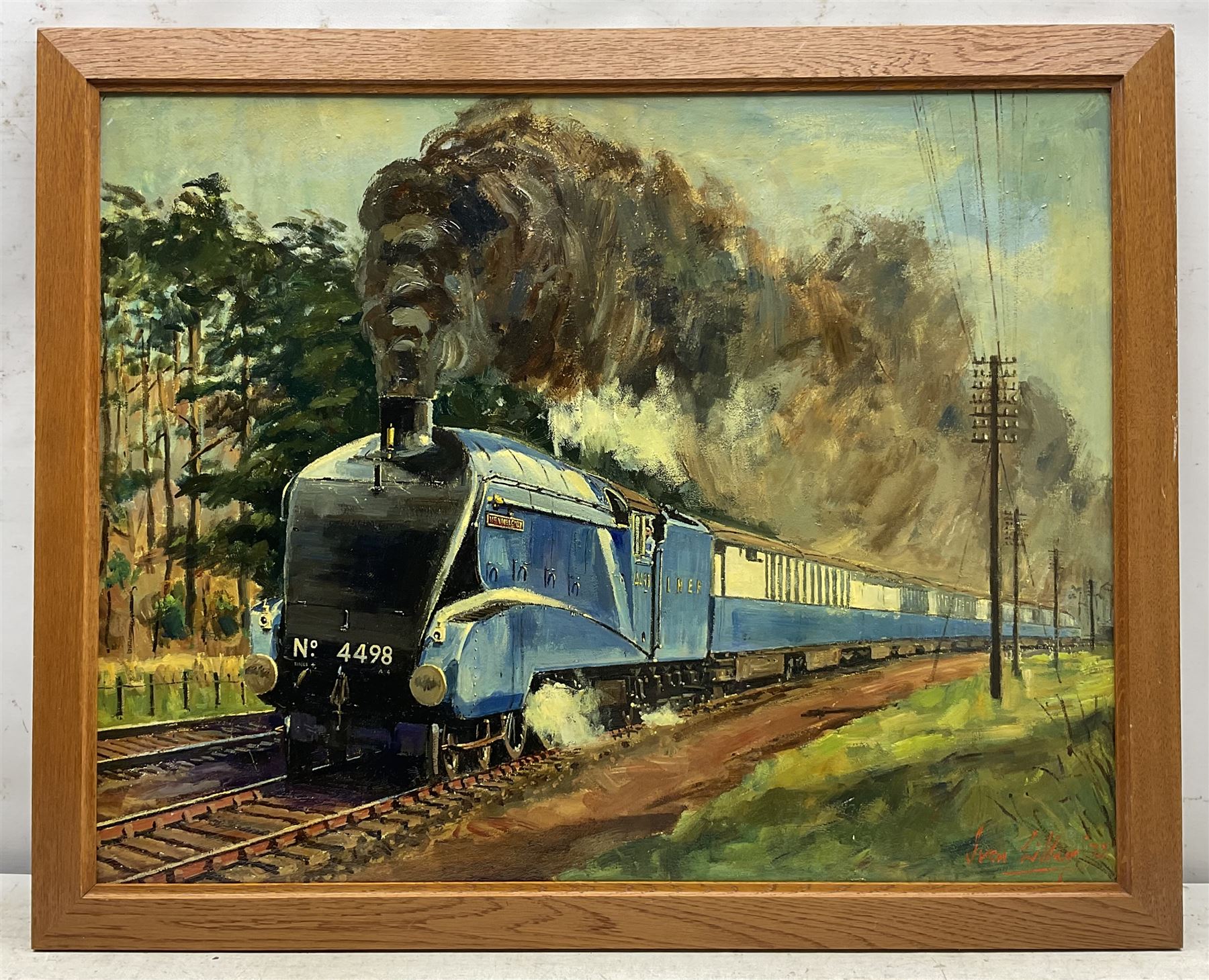 Ivan Lilley (British 1932): 'Sir Nigel Gresley hauling the Coronation circa 1938', oil on board signed and dated '75, titled verso 55cm x 70cm
