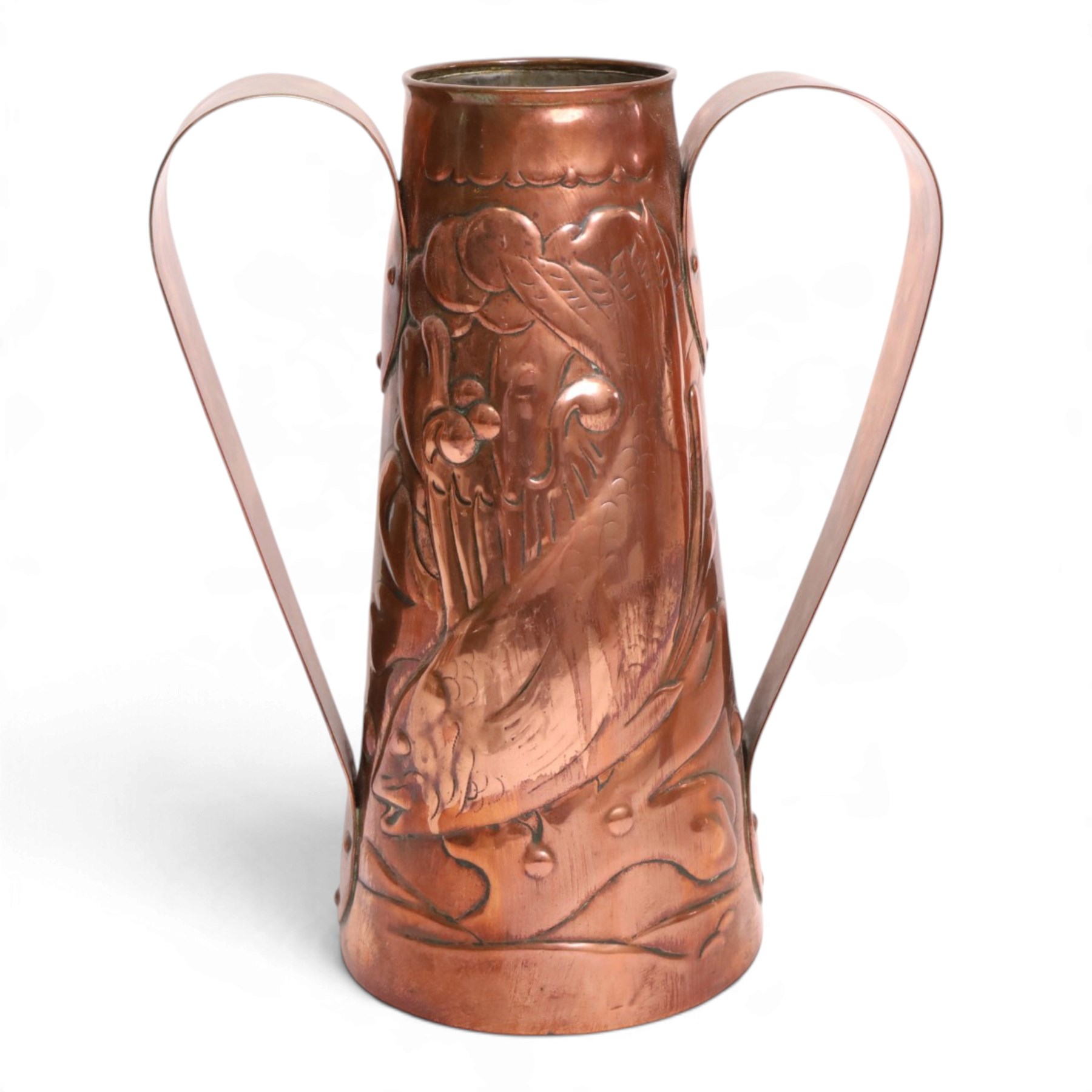 Pair of Newlyn Arts and Crafts copper twin handled vases, ff tapered form, repousse decorated with fish amongst seaweed, one with maker mark beneath, H25cm