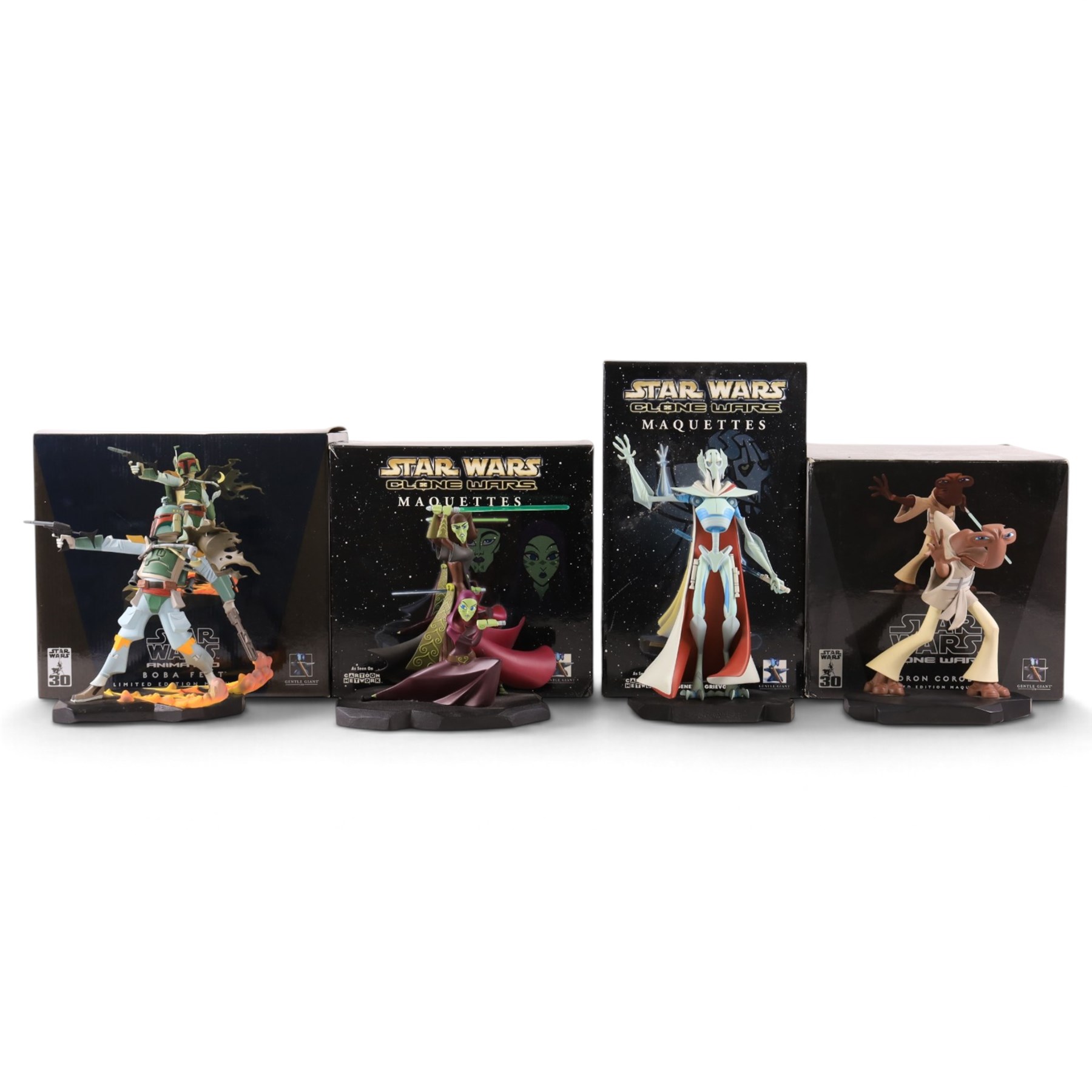 Four Gentle Giant Star Wars animated maquettes, comprising Clone Wars General Grievous, Boba Fett, Clone Wars Roron Corob and Clone Wars Barriss Offee and Luminara Unduli, all with boxes