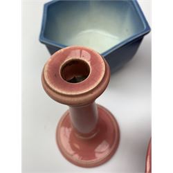 Two Bretby jardinières, hexagonal planter and trumpet shaped vase,  preserve pot and chamberstick together with an Ault pink glazed candlestick and low comport (8)