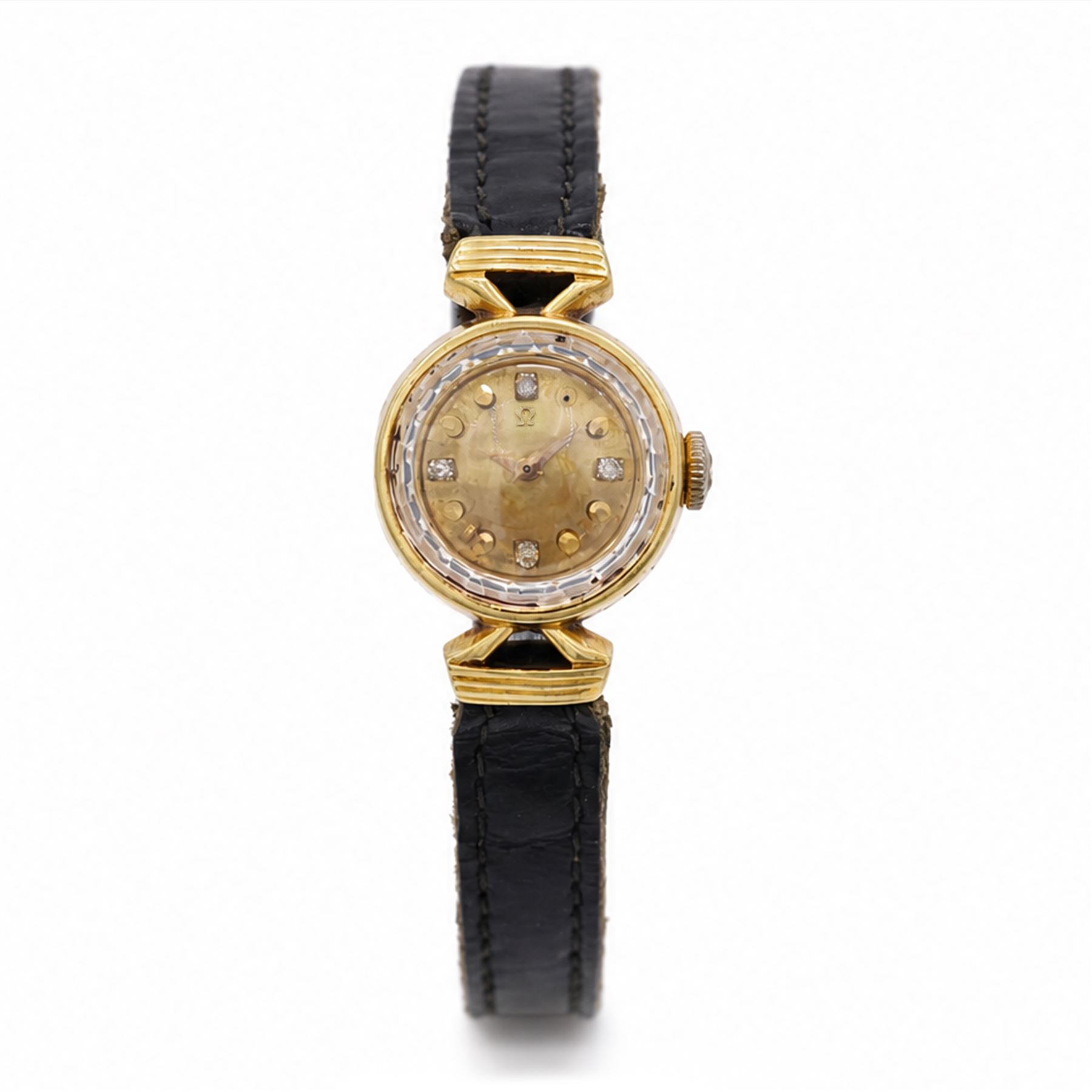 Omega ladies 18ct gold manual wind wristwatch, Cal. 483, gilt dial with diamond and dot hour markers, Helvetia hallmark,