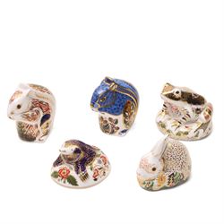 Five Royal Crown Derby paperweights Rowsley Rabbit limited edition 492/500 with certificat...