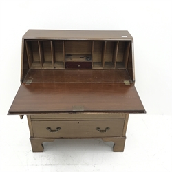 Edwardian inlaid mahogany bureau, fall front enclosing fitted interior, three graduating drawers, shaped bracket supports, W79cm, H94cm, D40cm