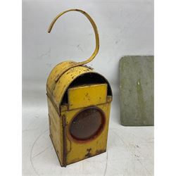 Victorian cast iron railway wagon plate, 'To Carry 10 Tons 4012, Registered by LNER-D 1898', together with a similar mid 20th century example, a smaller cast iron LMS wagon plate, Chalwyn signalling lamp, Give Way to Trains enamel sign and an enamel signal sign