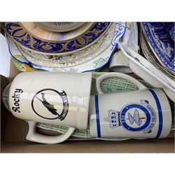 Assorted ceramics including pair of Noritaki plates hand painted with desert scenes, Sylvac lidded bowl, continental figure, various decorative plates, military tankards etc