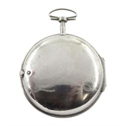 18th century silver and tortoiseshell quadruple cased verge fusee pocket watch by Graham, London, square baluster pillars, pierced and engraved balance cock, signed white enamel dial with Roman numerals and Fleur de Lys decoration, tortoiseshell third outer case with pique work to the borders, in a fitted later white metal fourth case