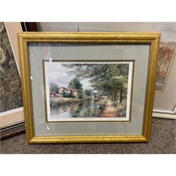 E A Harvey (British 20th century); Suburban landscape watercolour signed and dated together with watercolour of a forest and four landscape prints (6)