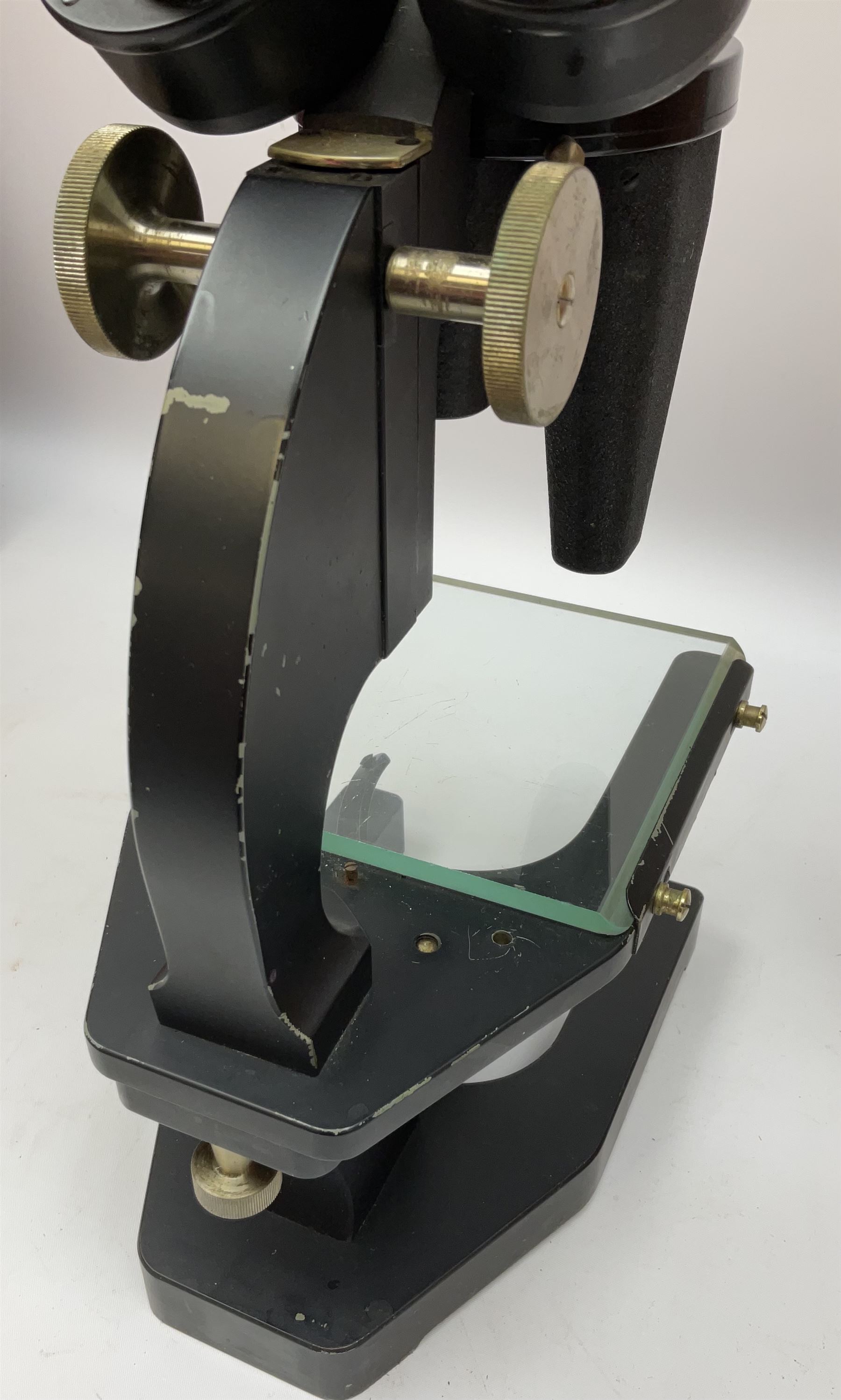 Charles Perry binocular microscope 'Classic No 1', with pitchfork base and rack and pinion focusing, in original fitted mahogany case with additional lenses, H44cm