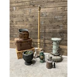 Aladdin paraffin lamp, lamp and burner, coal scuttle, painted standard lamp, stone mortar planter and two wicker baskets