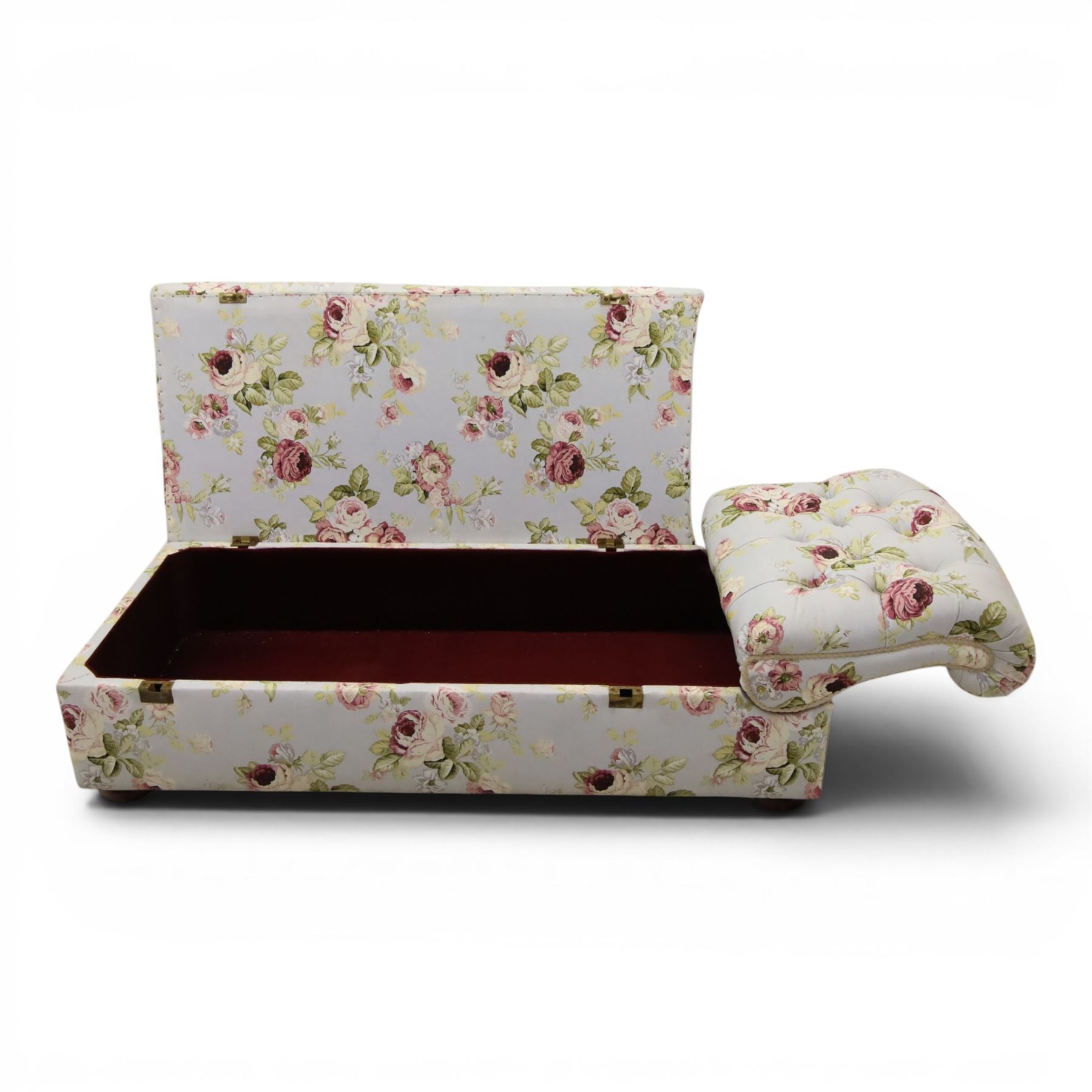 Traditional design scroll end chaise longue Ottoman, floral upholstered buttoned seat hinged to reveal a red lined interior, with reclining scroll end, raised upon squat bun feet