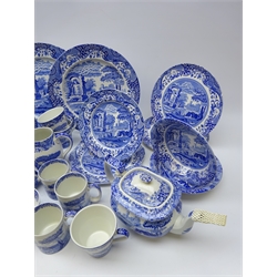  Spode Italian tea ware including teapot, jug, two sets of three mugs, two large tea cups and saucers, two large circular serving plates, sugar bowl, sandwich plates etc   