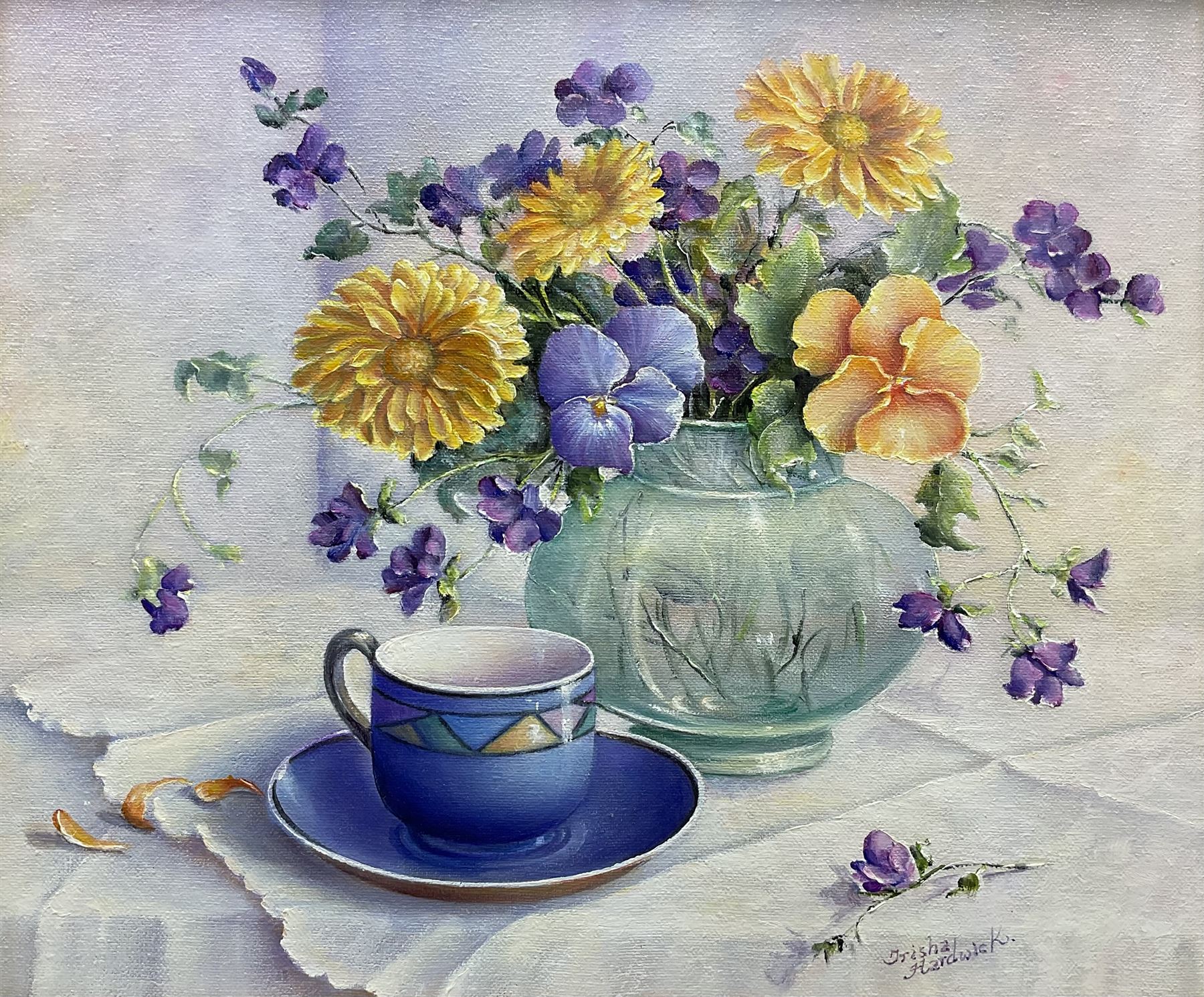 Trisha Hardwick (British 1949-2022): 'Summer Blue' - Still Life of Flowers with Cup of Tea, oil on canvas signed, titled and dated '93 verso 28cm x 34cm