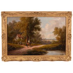 Etty Horton (British exh. 1892-1905): Rural Scenes with Figures and Cattle Watering, pair oils on canvas signed 39cm x 59cm (2)