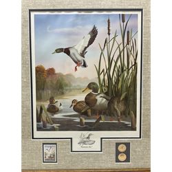 Five limited edition framed coloured prints of shooting interest comprising after C. Stanley Todd game birds taking flight in a mountainous lake landscape no.348/600; after J.C. Harrison game birds in flight over fields no.285/500; after Alan B. Hayman  'A Right and Left?' no.398/850; after Andy Beck 'Pheasant Drive' no.56/350; and after Leo Stans 'Autumn Air'; all signed on the mount; various frames (5)