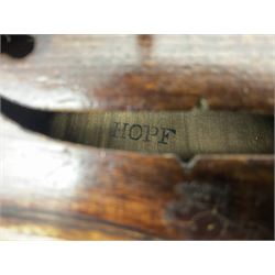 German Hopf violin c1900 with 35.5cm two-piece maple back impressed HOPF, maple ribs and spruce top, also marked HOPF internally L58.5cm overall; in Maidstone ebonised wooden coffin case with bow